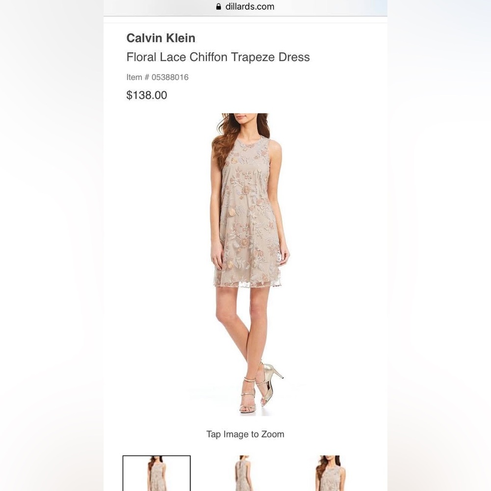 Calvin Klein gold floral lace chiffon trapeze dress